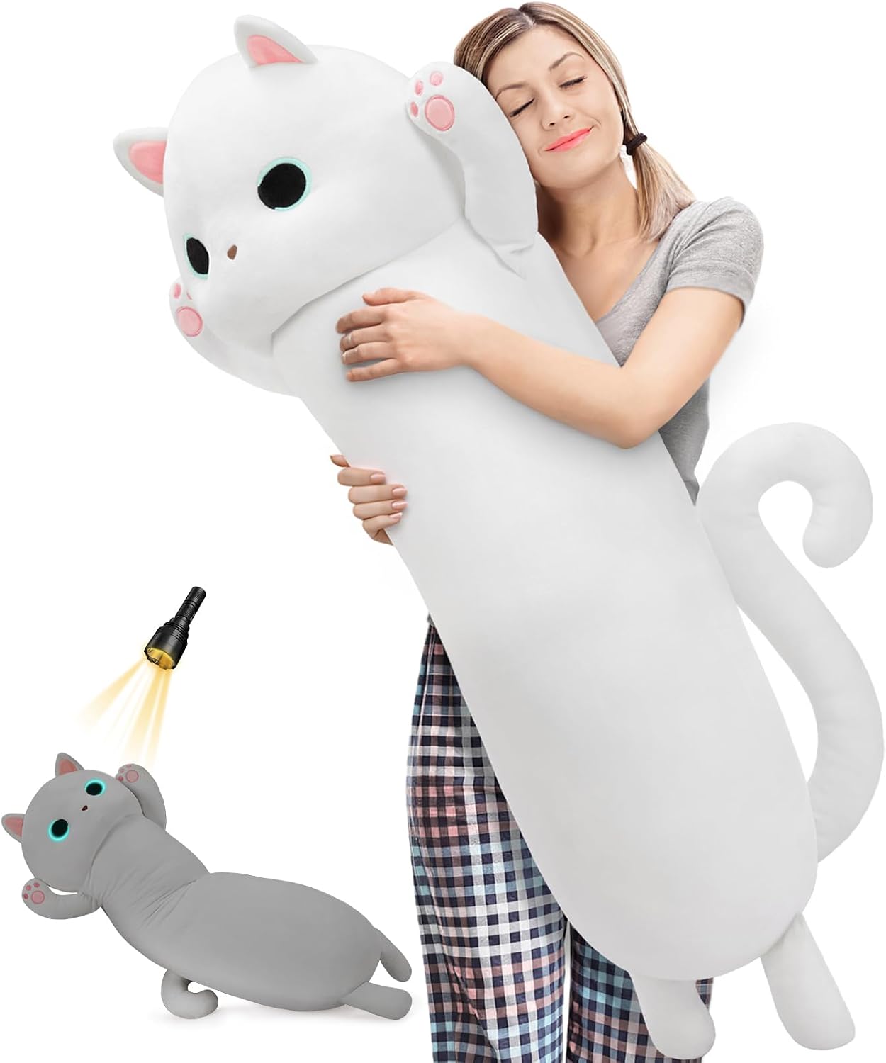 MaoGoLan Long Cat Plush Body Pillow, 44'' Giant White Glow in The Dark Cat Stuffed Animal Toy for Girl Boy Kid, Big Cute Kitty Plush…