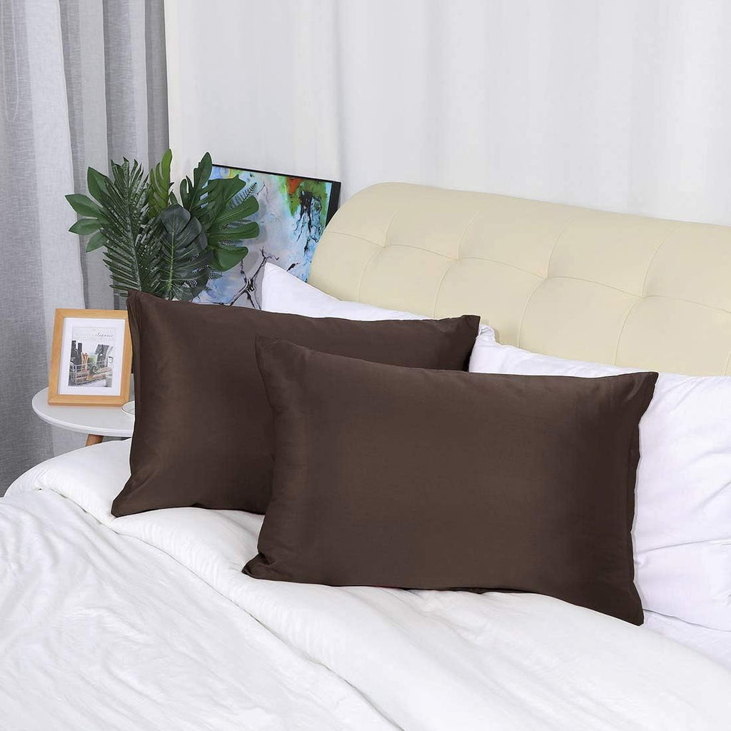 uxcell Queen Satin Pillowcase with Zipper, Super Soft and Luxury, Silky Pillow Cases Covers Set of 2, 21"x31", Brown