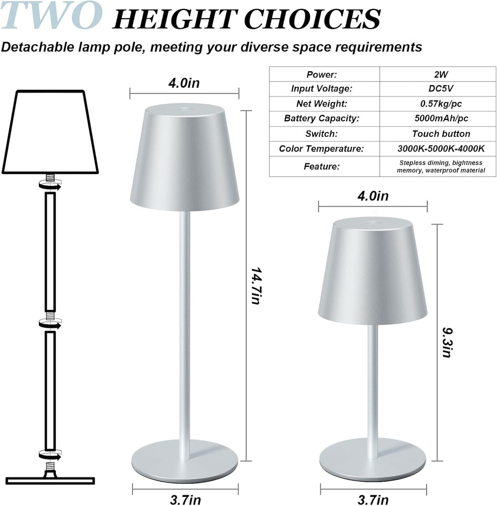 Kakanuo Silver Grey Cordless Lamp Rechargeable - 2 Pack 5000mAH Battery Operated Table Lamp for Counter, 3 Color Stepless Dimming…