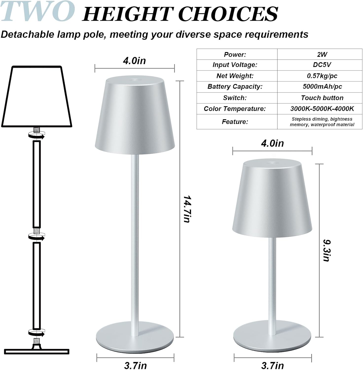 Kakanuo Silver Grey Cordless Lamp Rechargeable - 2 Pack 5000mAH Battery Operated Table Lamp for Counter, 3 Color Stepless Dimming…