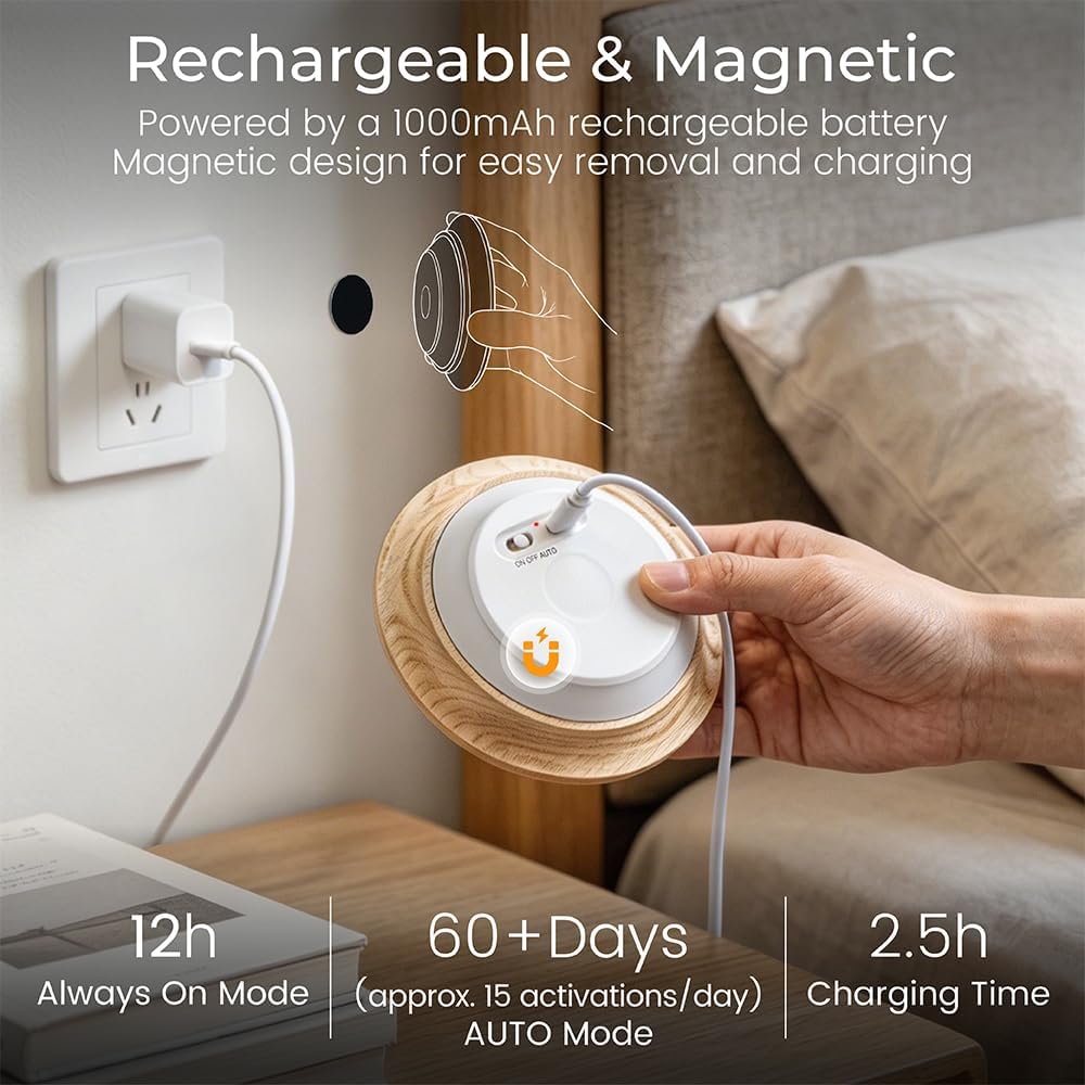 Motion Sensor Night Light Wood, Rechargeable Battery-Powered Magnetic Stick-On Night Light Wall Light for Indoor Stairs, Hallway, and…