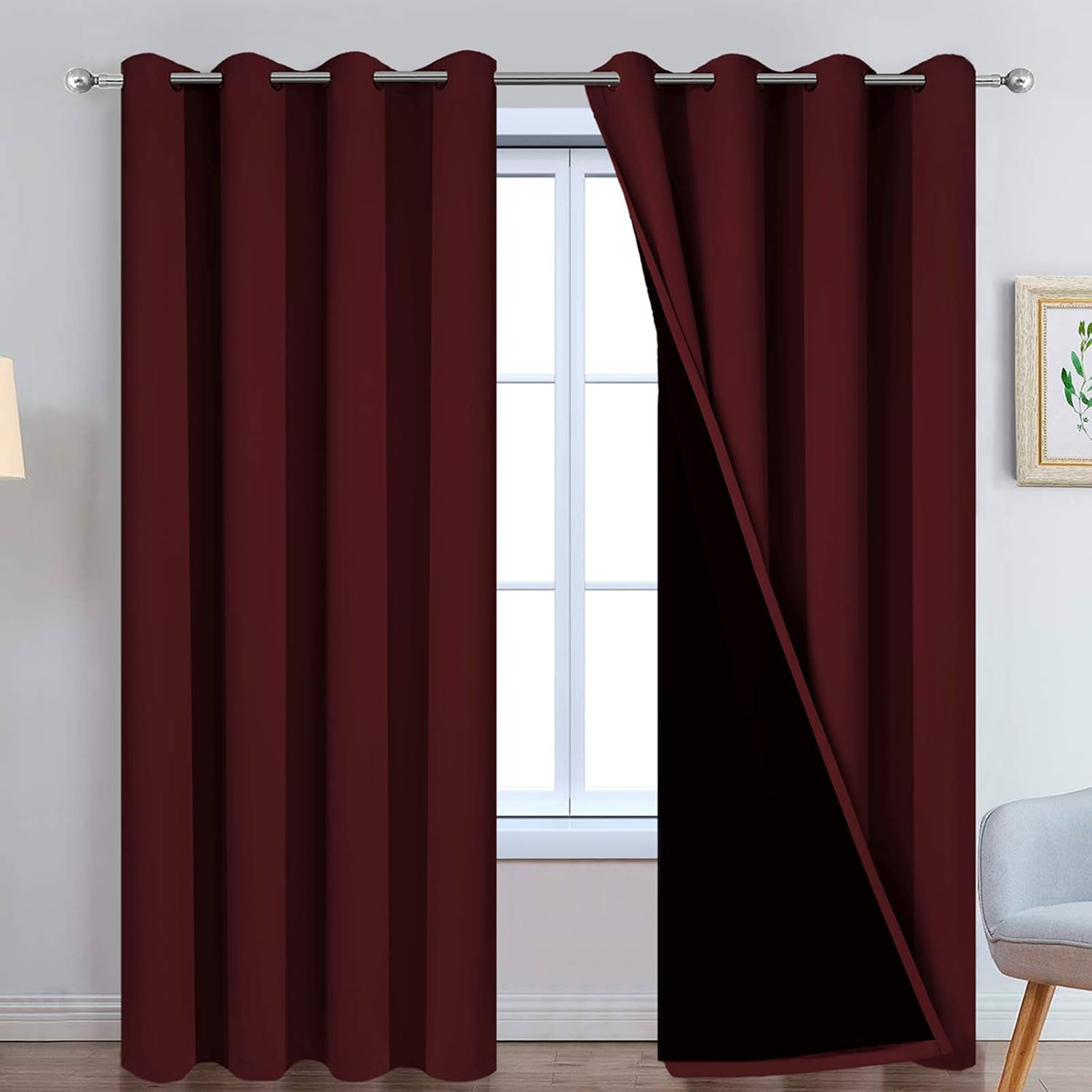 Yakamok 100% Blackout Curtains for Living Room, Noise Reducing Drapes, Thermal Insulated Blackout Curtains for Bedroom(52Wx84L, Burgundy Red…