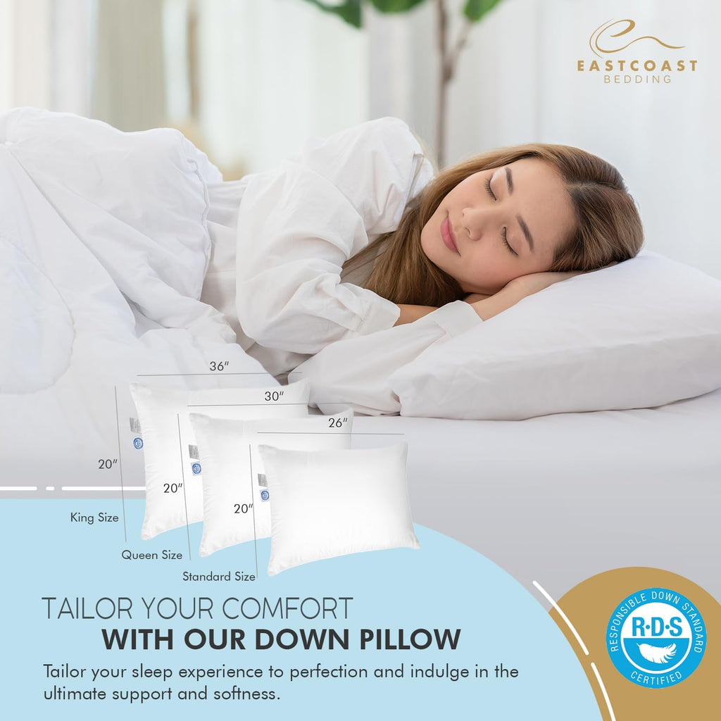 East Coast Bedding 100% White Down Pillow, No Feathers, 600 Fill Power, 400 Thread Count Cotton Shell, Firm Loft, King 20x36, 1 Pack