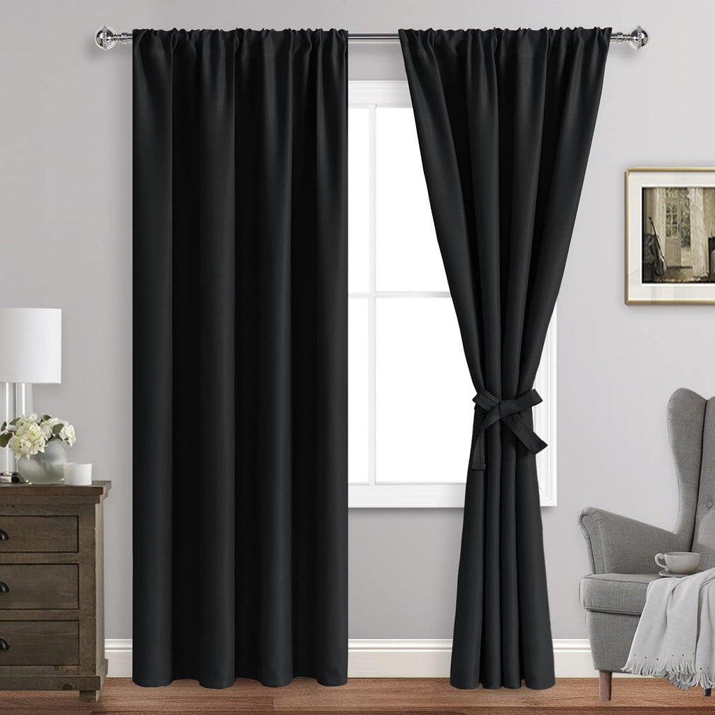 Jiuzhen Blackout Curtains for Bedroom - Thermal Insulated Room Darkening Rod Pocket Curtains for Living Room, Set of 2 Panels with Tiebacks…