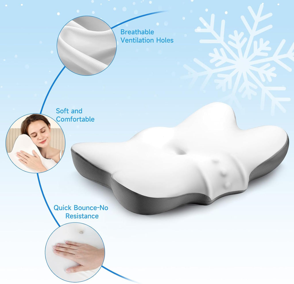 jiaao Cervical Neck Pillow with 2 Heights (5.31/3.54 in), Queen Size Bed Pillow with Cooling Pillowcase, Contoured Memory Foam Pillow for S…