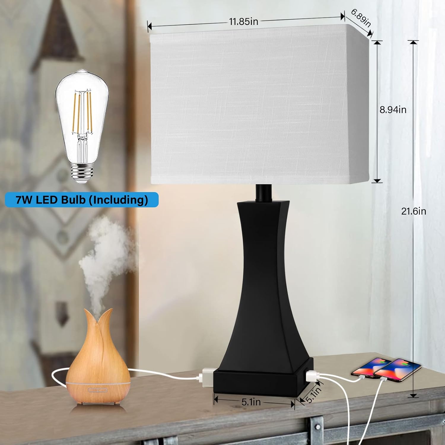 OYedis Set of 2 Touch Control Table Lamps 21.6" 3-Way Dimmable Bedside Nightstand Lamp with Type C/USB Charging Port & Outlet Desk Lamp…