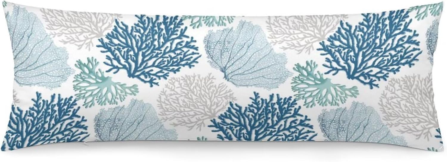 Body Pillow Cover Nautical Blue Coral Body Pillowcase Coastal Teal Beige Coral Decorative Rectangle Long Ocean Theme Cushion Covers for…