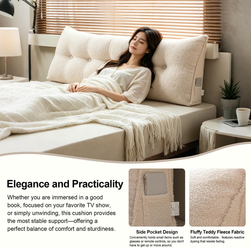 Headboard Pillow Wedge – Soft Teddy Velvet Reading Pillow for Bed, Backrest Cushion with Removable Cover & Side Pockets, Comfortable…