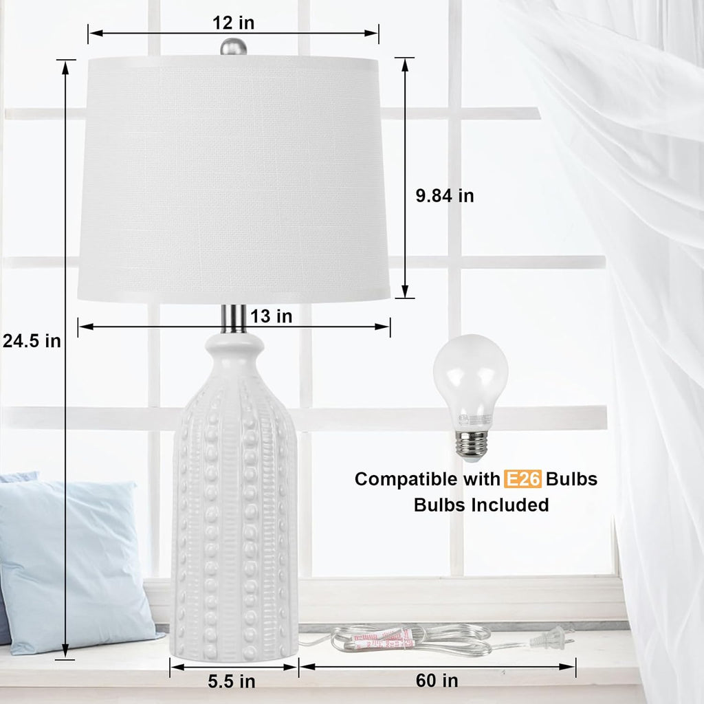 JUNNAI White Ceramic Table Lamp 24.5": 3-Way Dimmable Bedside Lamp with White Drum Slub Shade, Modern Nightstand Lamp for Bedroom &…