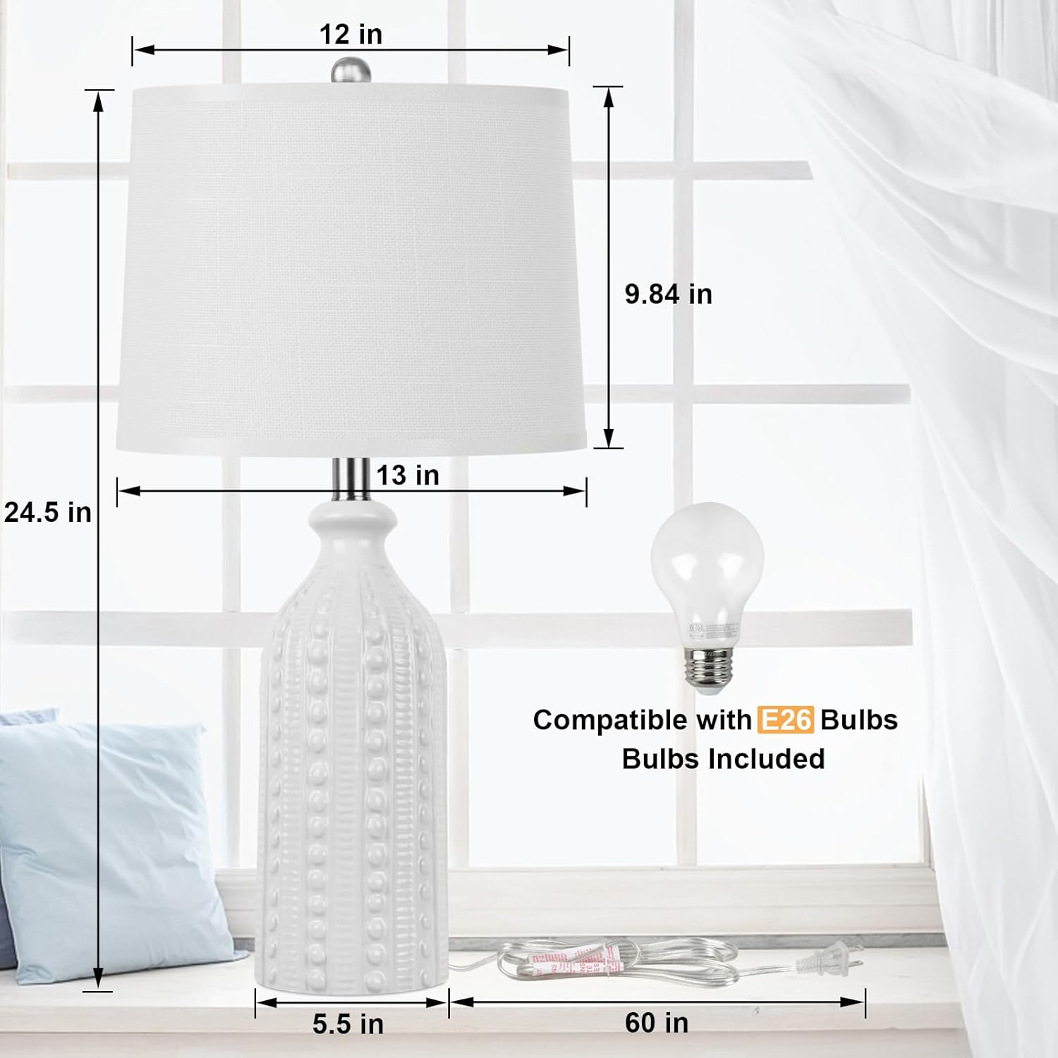 JUNNAI White Ceramic Table Lamp 24.5": 3-Way Dimmable Bedside Lamp with White Drum Slub Shade, Modern Nightstand Lamp for Bedroom &…
