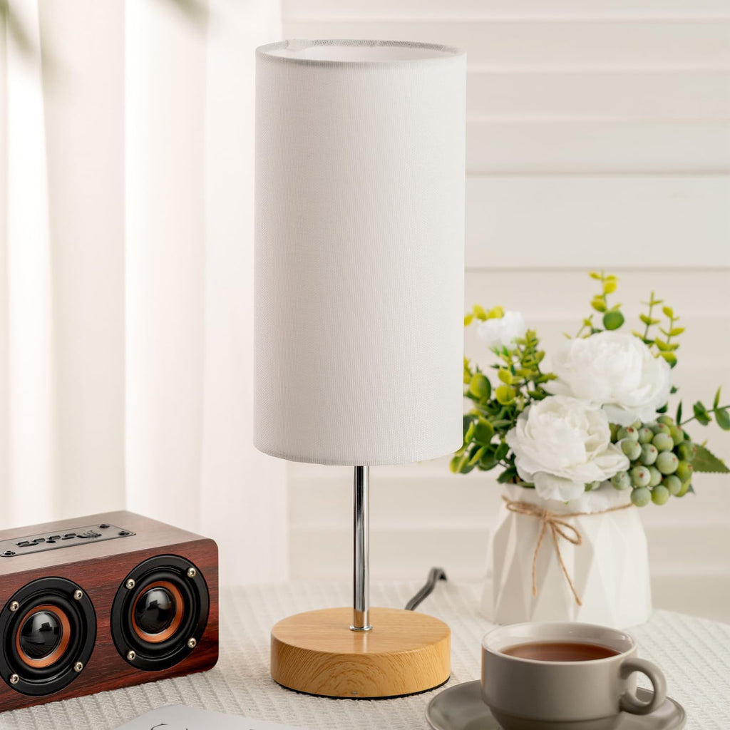 Small Table Lamp for Night Stands, Round White Fabric Shade and Wood Base, Modern Minimalist Bedside Lamps for Bedroom Dresser, Living…