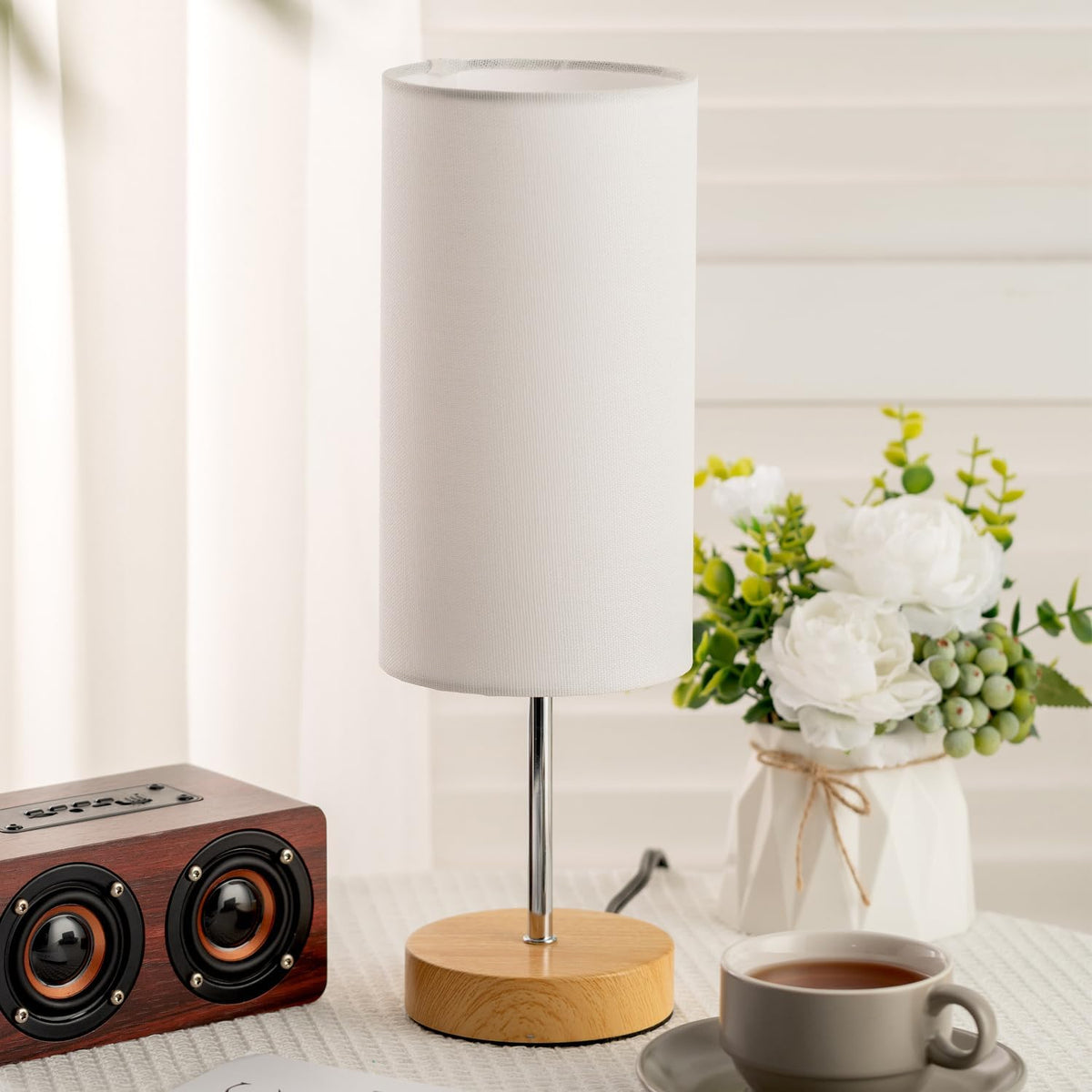 Small Table Lamp for Night Stands, Round White Fabric Shade and Wood Base, Modern Minimalist Bedside Lamps for Bedroom Dresser, Living…