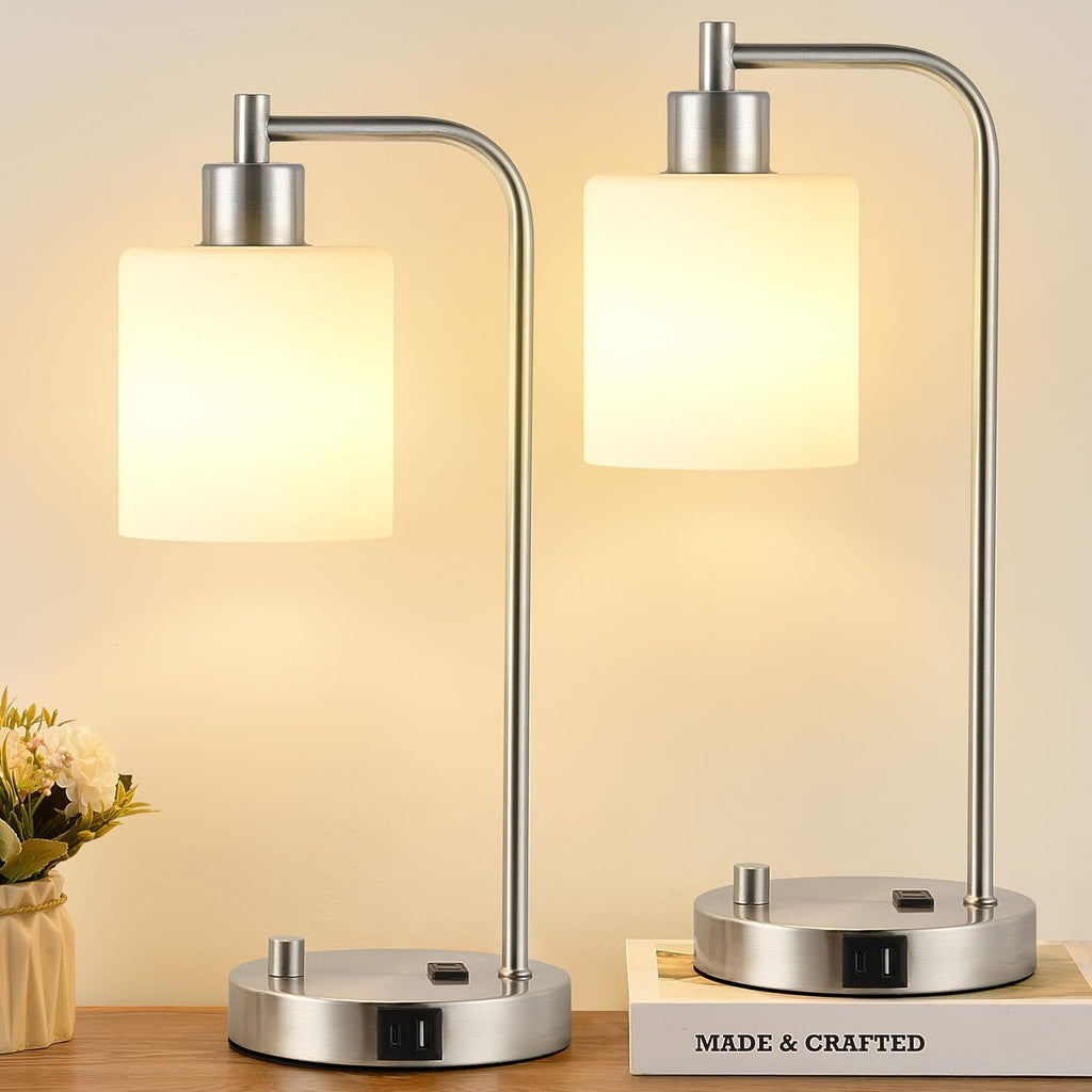 Lynnoland Set of 2 Industrial Table Lamps with USB C+A Ports and Outlet, Brushed Nickle Fully Stepless Dimmable Bedside Lamps, Nightstand…