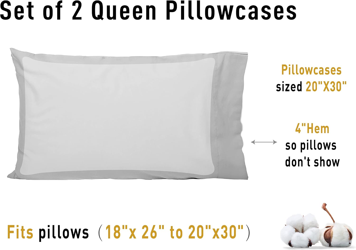 Sunflower Queen Pillowcases Set of 2, 100% Cotton Queen Pillow Cases 2, 20×30 inches Ash, Soft and Breathable