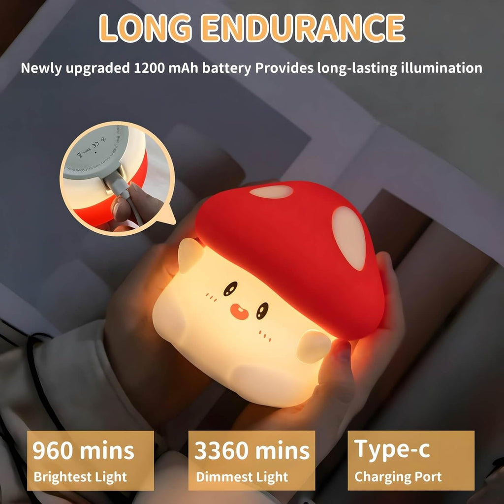 Daixinde Mushroom Night Light Squishy Lamp, 50Hrs Battery Kids Nightlight, Tap Control, 30Min Auto-Off, Rechargeable Kawaii Bedside Lamp fo…