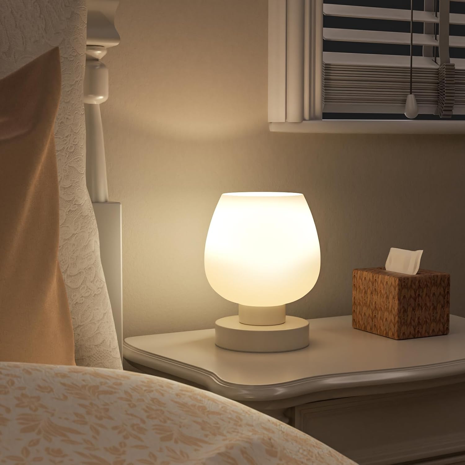 Seealle Cordless Touch Table Lamp for Nightstand - Small Bedside Lamp for Bedroom Night Stands, Desk Lamp with White Glass Shade for…