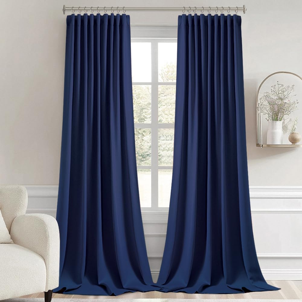 Miulee Navy Blue Back Tab Blackout Curtains 108 Inch Long 2 Panels Set for Bedroom, Rod Pocket/Pinch Pleat Extra Long Thermal Insulated Liv…