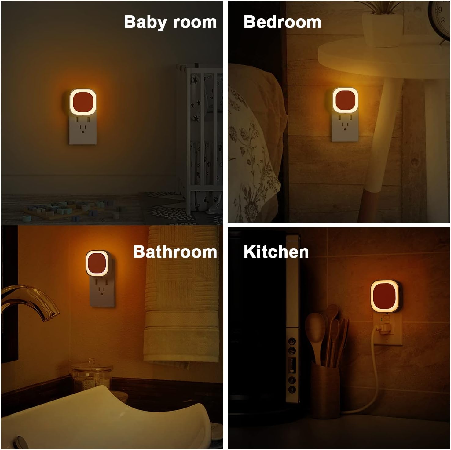 YUNLEX 4 Pack Amber Night Light, Dusk to Dawn Sensor, Warm Glare-Free Reflected Glow, 3-Level Dimmer, Auto On/Off, Plug-in LED Nightlight…