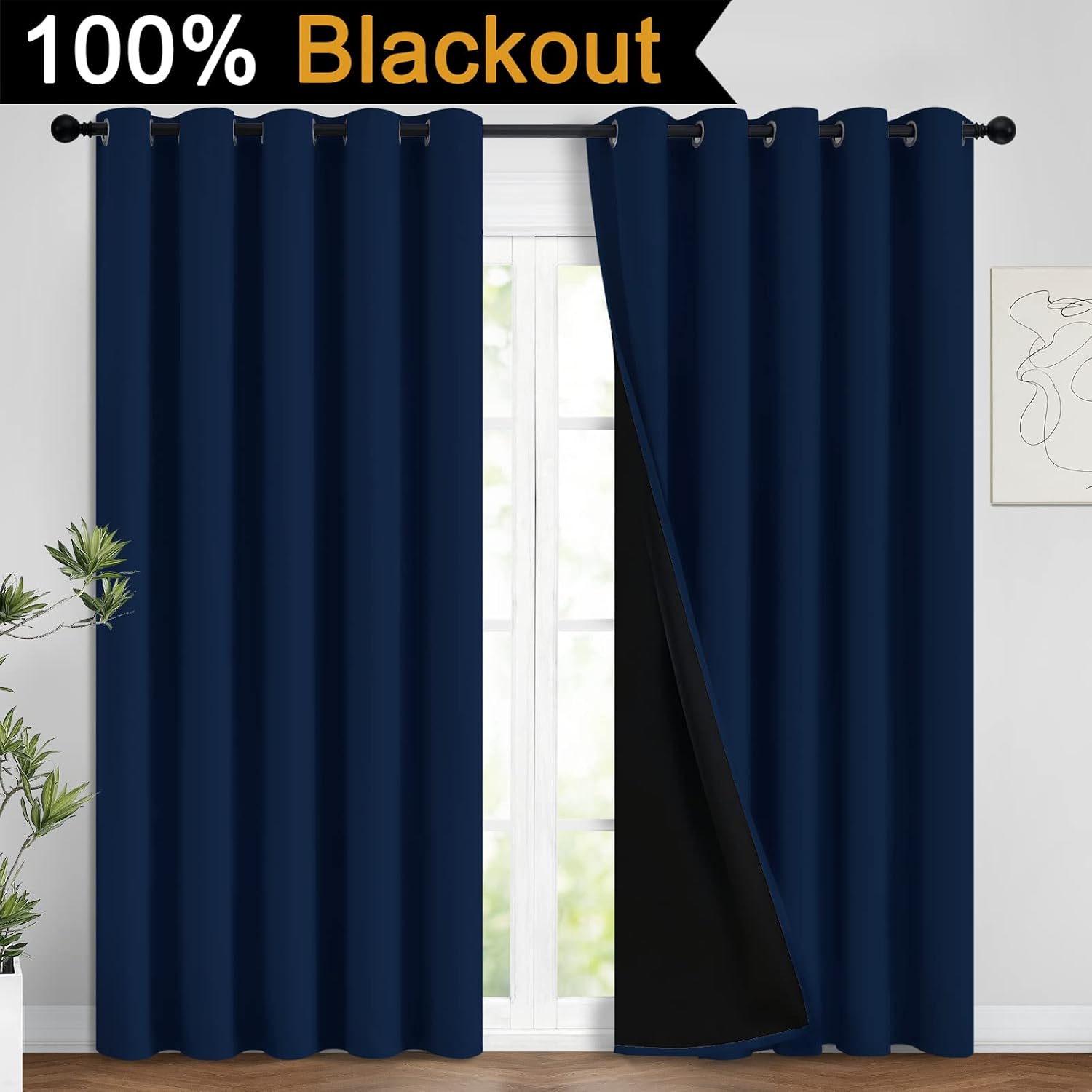 Yakamok Navy Blue 100% Blackout Curtains Energy Saving Thermal Insulated 2 Thick Layers Completely Blackout Drapes with Black Liner for Bed…