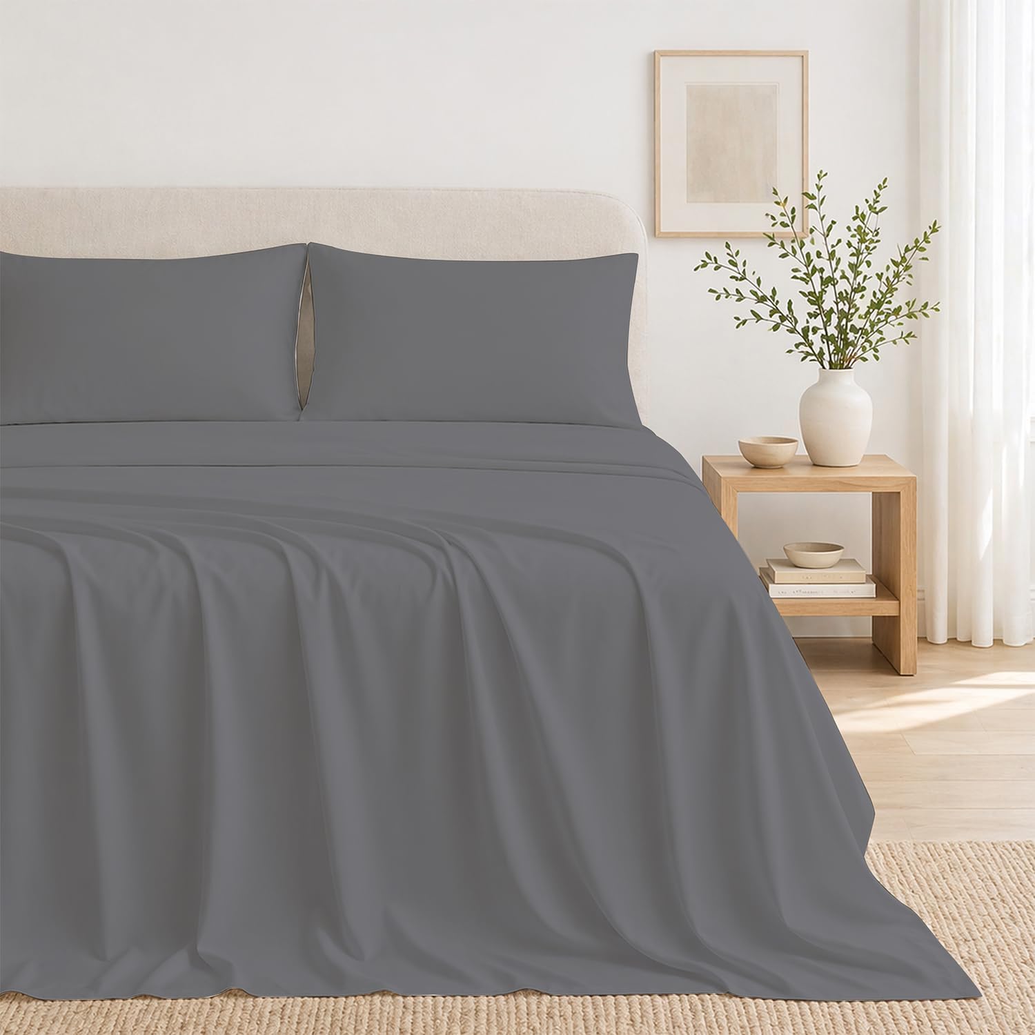 THREAD SPREAD Egyptian Cotton Sheets Full Size – 300 Series 16" Deep Pocket 100% Cotton Full Size Sheets Set (4 PC, Dark Grey), Soft…