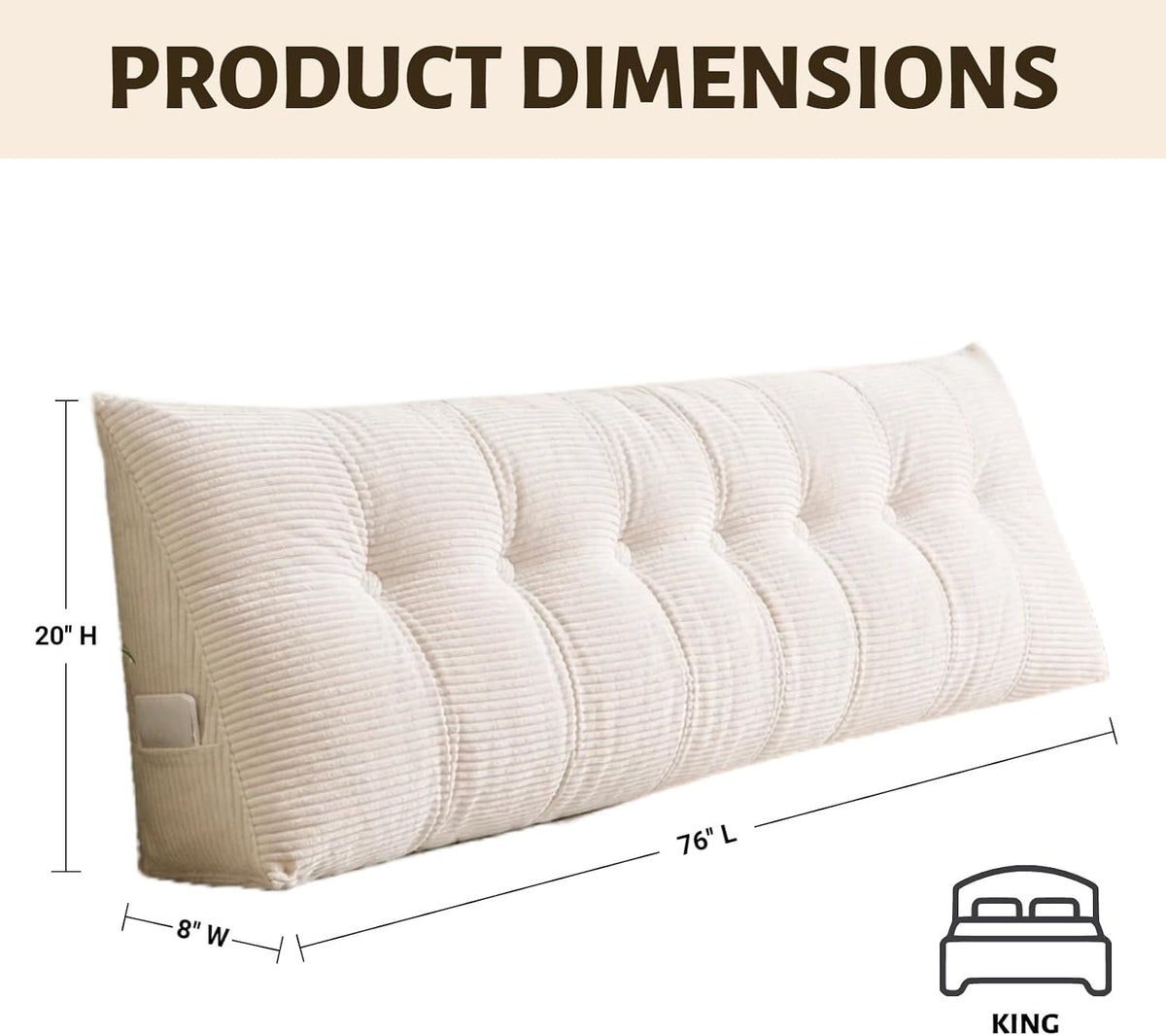 Wedge Reading Pillow Headboard King Size, Headboard Bolster Pillow for Bed, Triangular Backrest Cushion with Removable Corduroy Cover, White