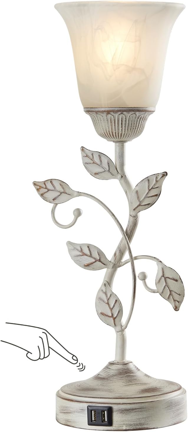 Rustic Touch Table Lamp for Bedroom, 3-Way Dimmable Nightstand Lamp with 2 USB Ports, Retro Vintage White Glass Shade Leaf Desk Lamp for…
