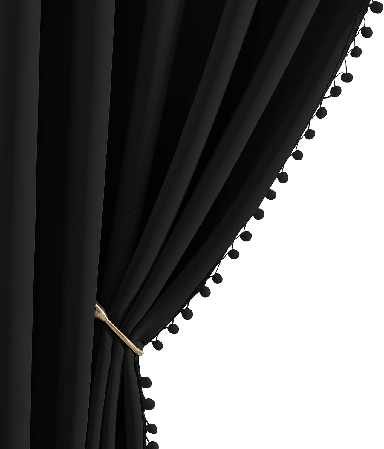 NICETOWN 2 Panels Blackout Curtains, Rod Pocket Pom Pom Curtains, Pretty Thermal Insulated Solid Farmhouse Drapes for Living Room, Patio…