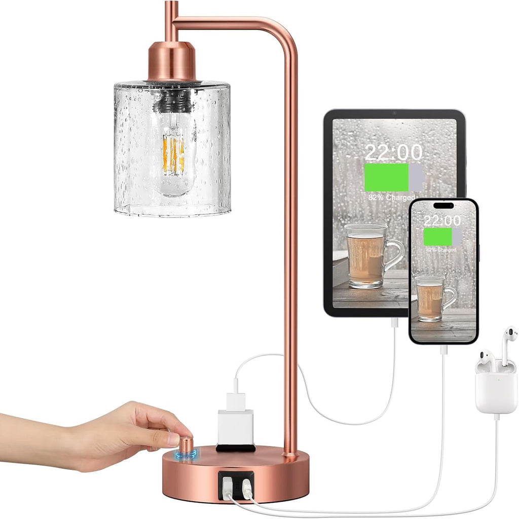 Innqoo Copper Industrial Bedside Table Lamp for Bedroom - Nightstand Lamps with USB C Charging Port, Fully Dimmable Black Ports and…