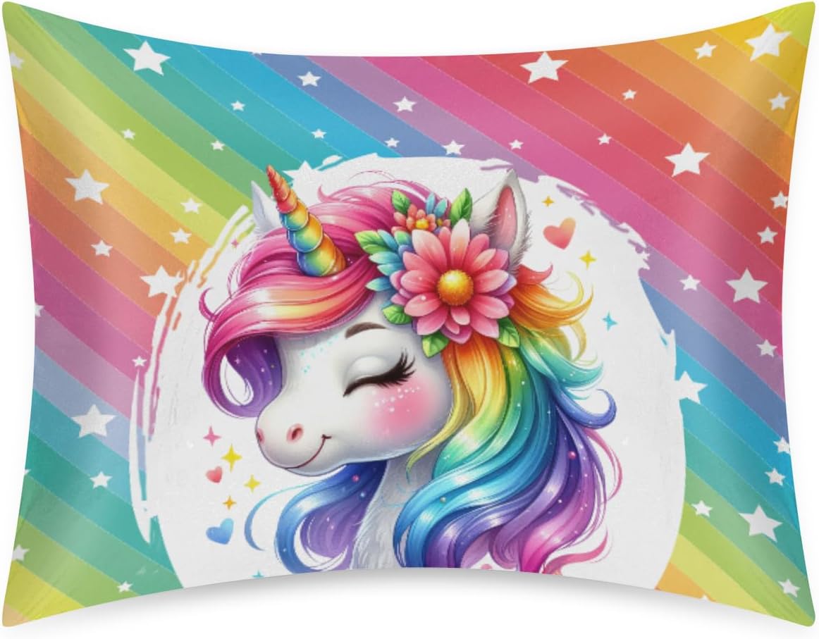 Satin Pillowcase for Hair and Skin Flower Rainbow Unicorn Soft Silk Pillow Case with Envelope Closure Cooling Pillow Cases Slip Standard…