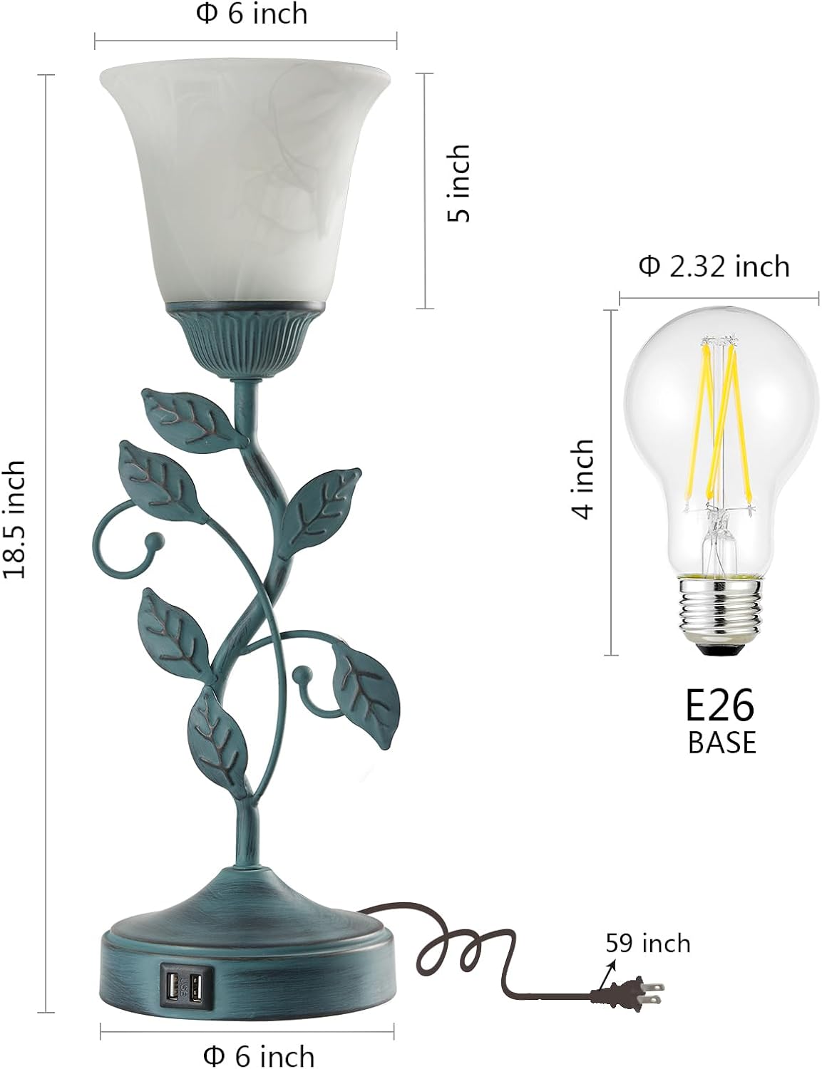 Vintage Touch Table Lamp for Living Room, 3-Way Dimmable Nightstand Lamp with 2 USB Ports, Farmhouse Rustic White Glass Shade Leaf Desk…