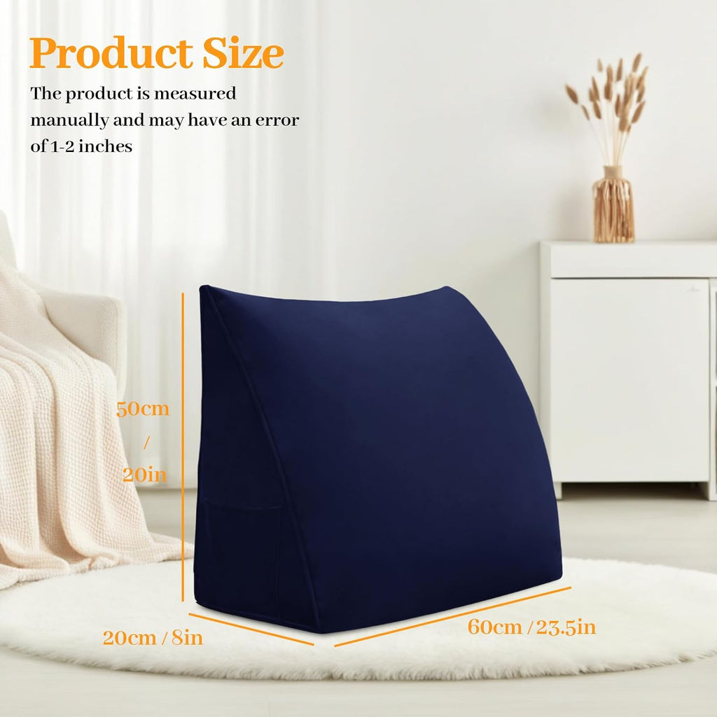 Wedge Headboard Pillow Reading Backrest Pillow for Sitting in Bed Sofa Dorm with Removable Cover Side Pockets Dutch Velvet Fabric Dark Blue