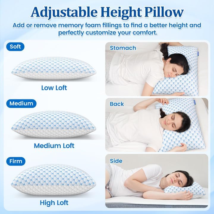 CloudBliss Cooling Bed Set of 2 Pillows for Sleeping, Shredded Memory Foam Pillows with Washable & Breathable Pillowcase, Adjustable Height…