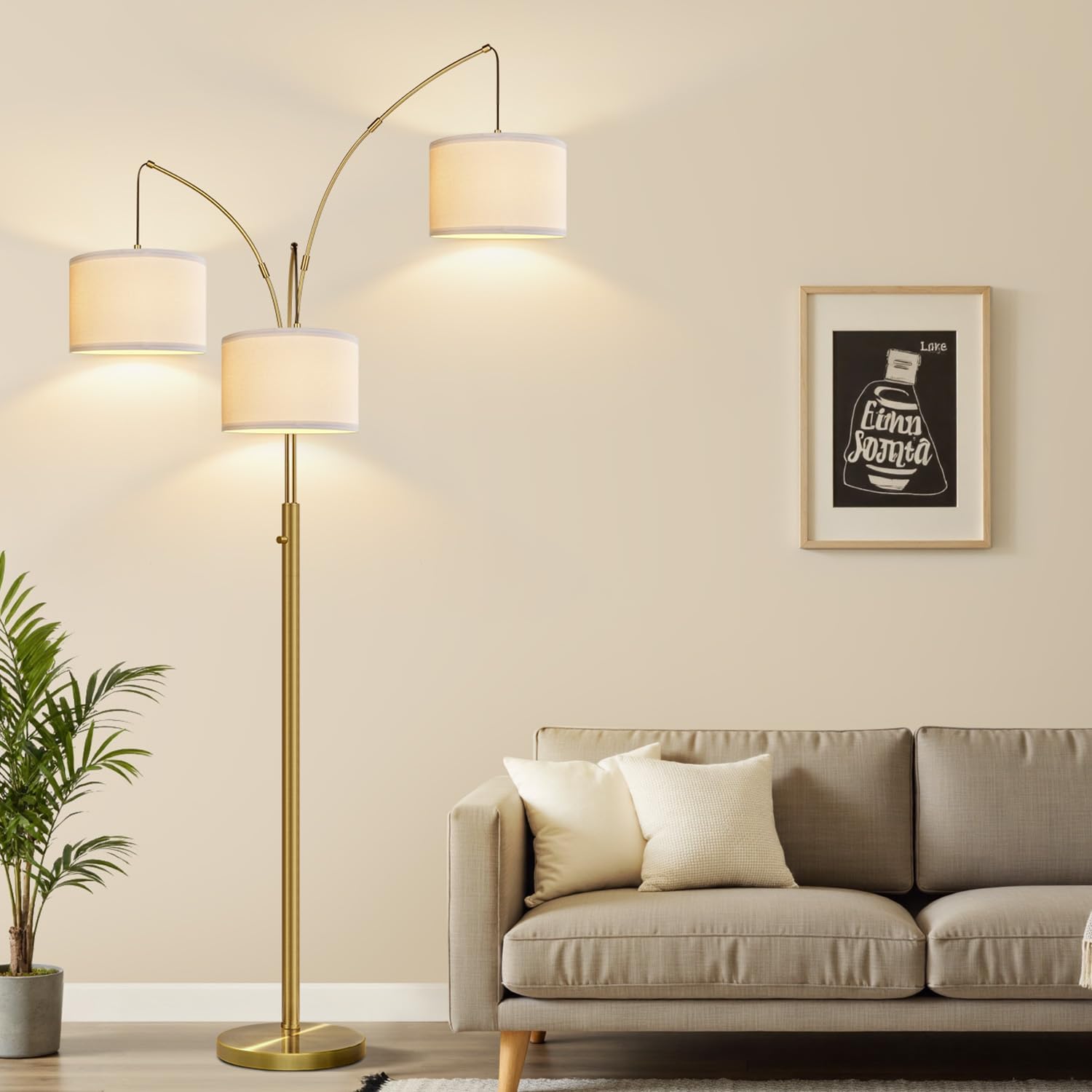 Nintiue Dimmable Floor Lamp - 3 Lights Brass Arc Floor Lamps for Living Room, 1000LM Modern Tall Standing Lamp with Linen Shades, Mid…