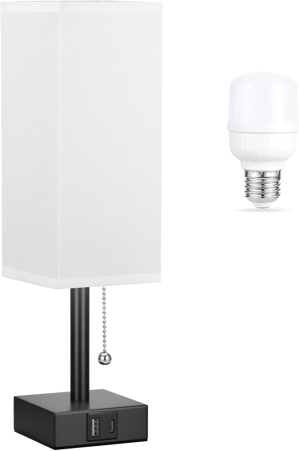 Aooshine White Small Table Lamp for Bedroom - 3 Color Temperature 3000K 5000K 4000K Bedside Lamp, Pull Chain Control, USB A and C Charging…