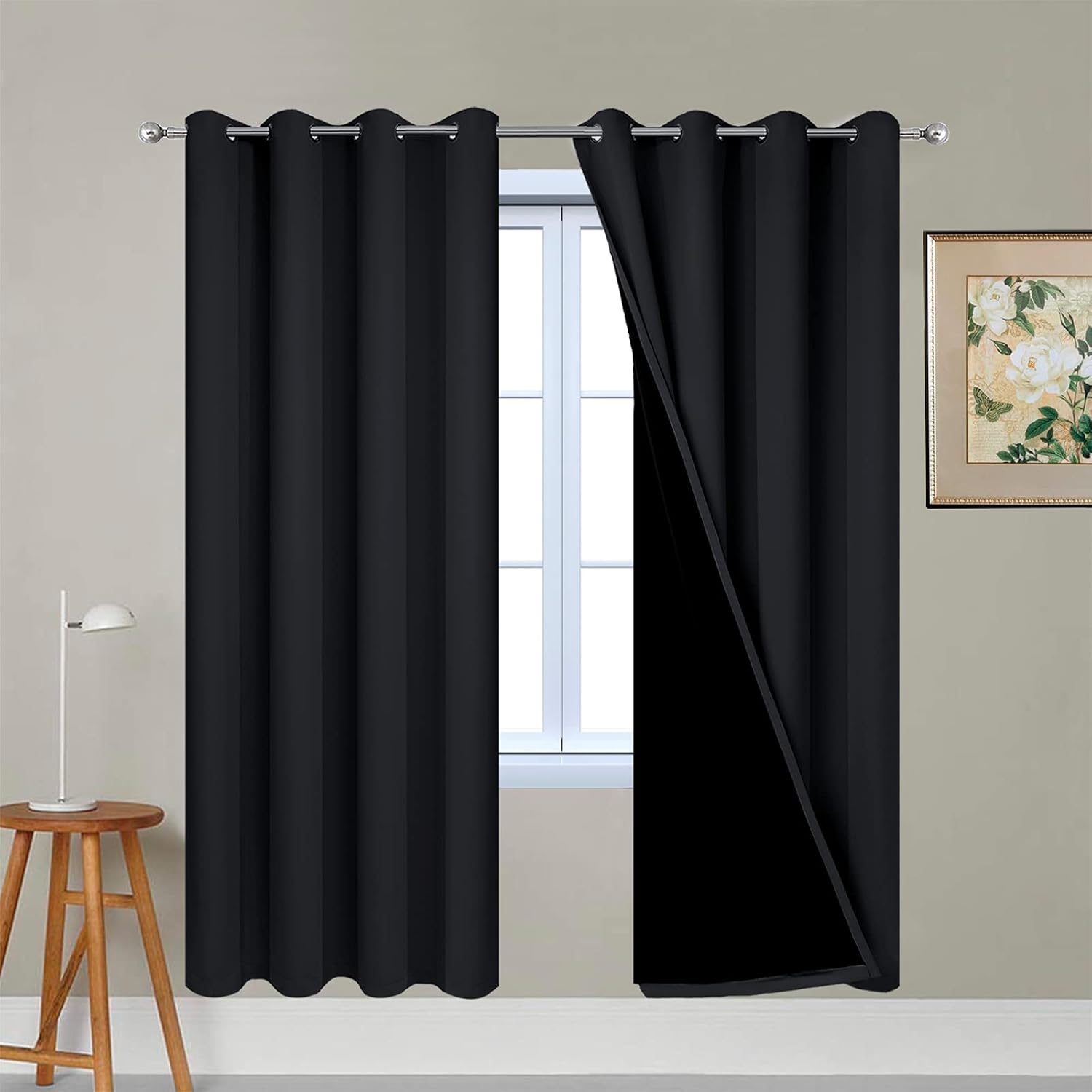 Yakamok 72 Inch Length 100% Blackout Curtains for Bedroom, 2 Thick Layers Thermal Insulated Grommet Total Blackout Drapes with Black Liner…