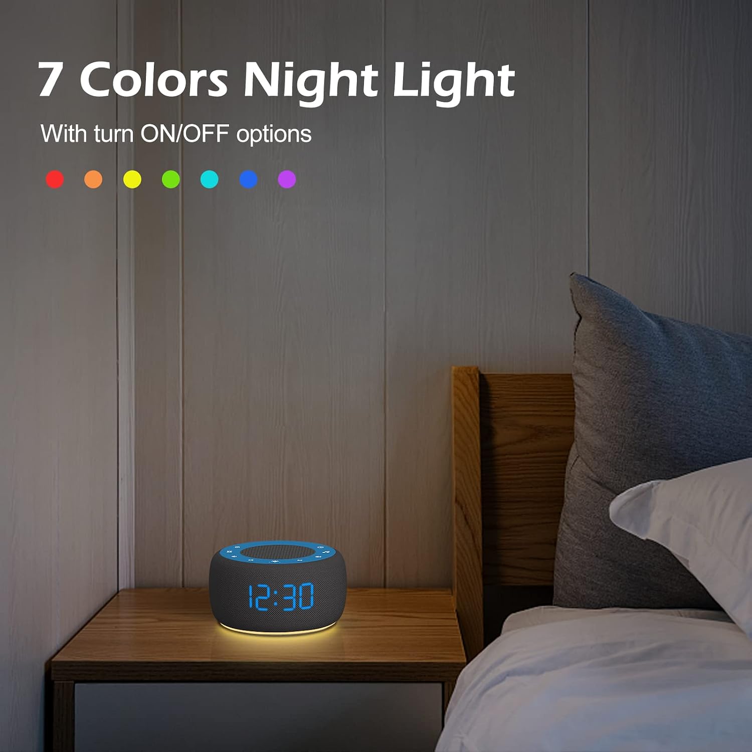 Buffbee Sound Machine & Alarm Clock 2-in-1, 0-100% Clock Face Brightness, Bottom Colored Light, Sleep Timer, Precise 30-Level Volume…