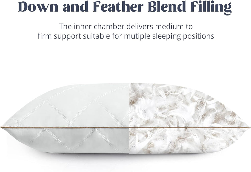puredown® Goose Feathers and Down Pillow with Diamond Quilting with 100% Cotton Cover, Pack of 2, Queen Size