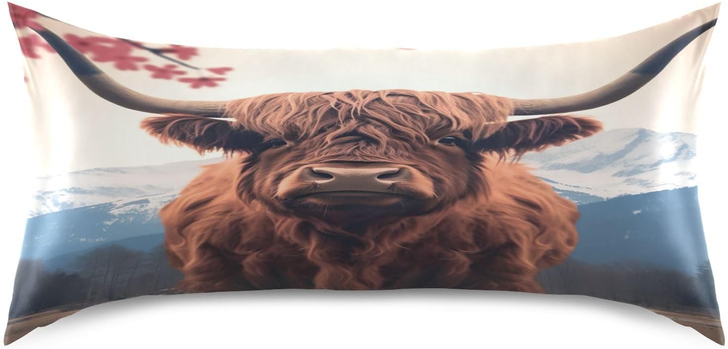 YETTASBIN Highland Cow Satin Pillowcase, Soft Breathable Silk Pillow Case with Envelope Closure for Hair and Skin, Standard Size 26 x 20…