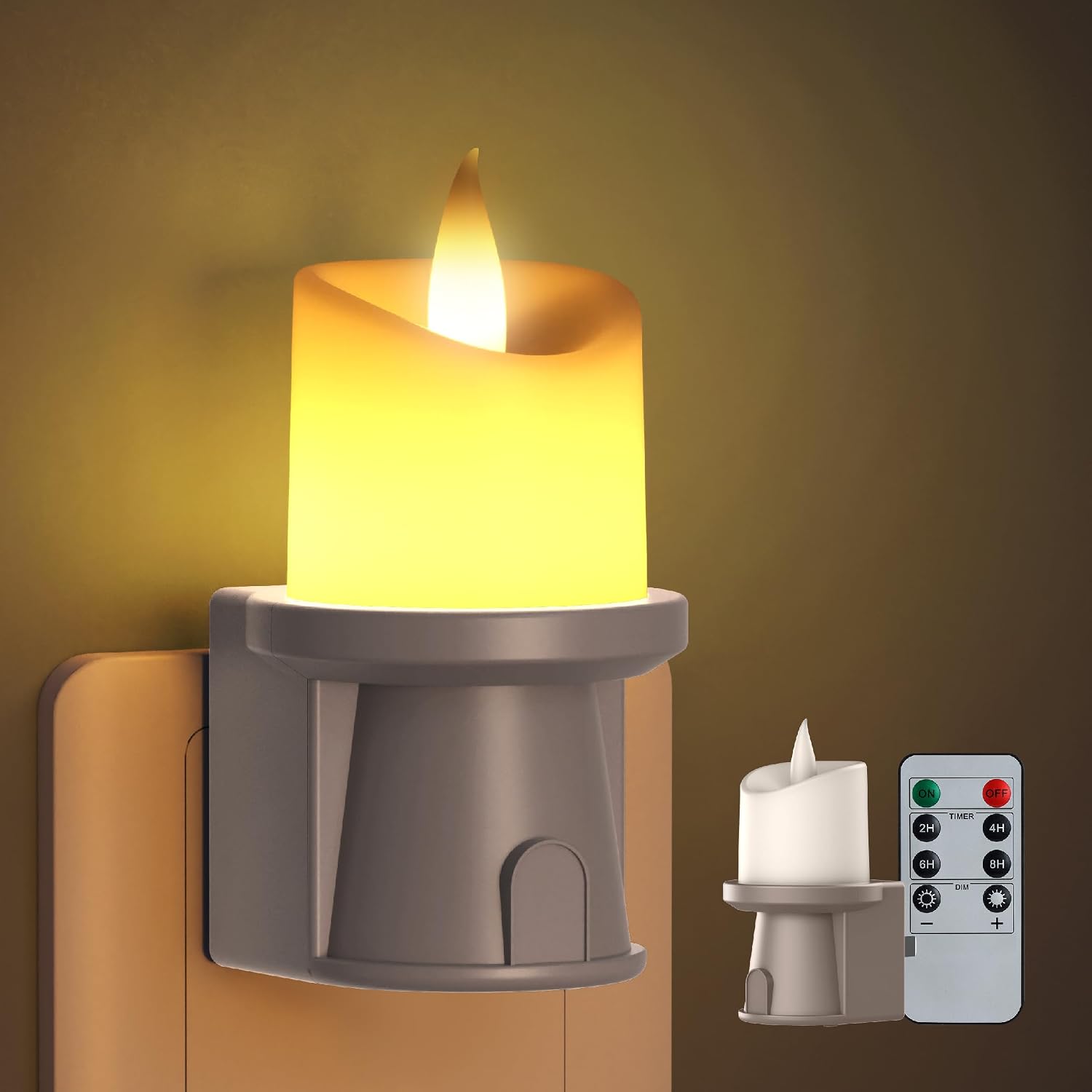 2-in-1 Plug in Night Light (1 Pack) - Dual Mode: Auto Sensor & Remote Timer - Boho Neutral Beige Candle Nightlight for Nursery, Bedroom…