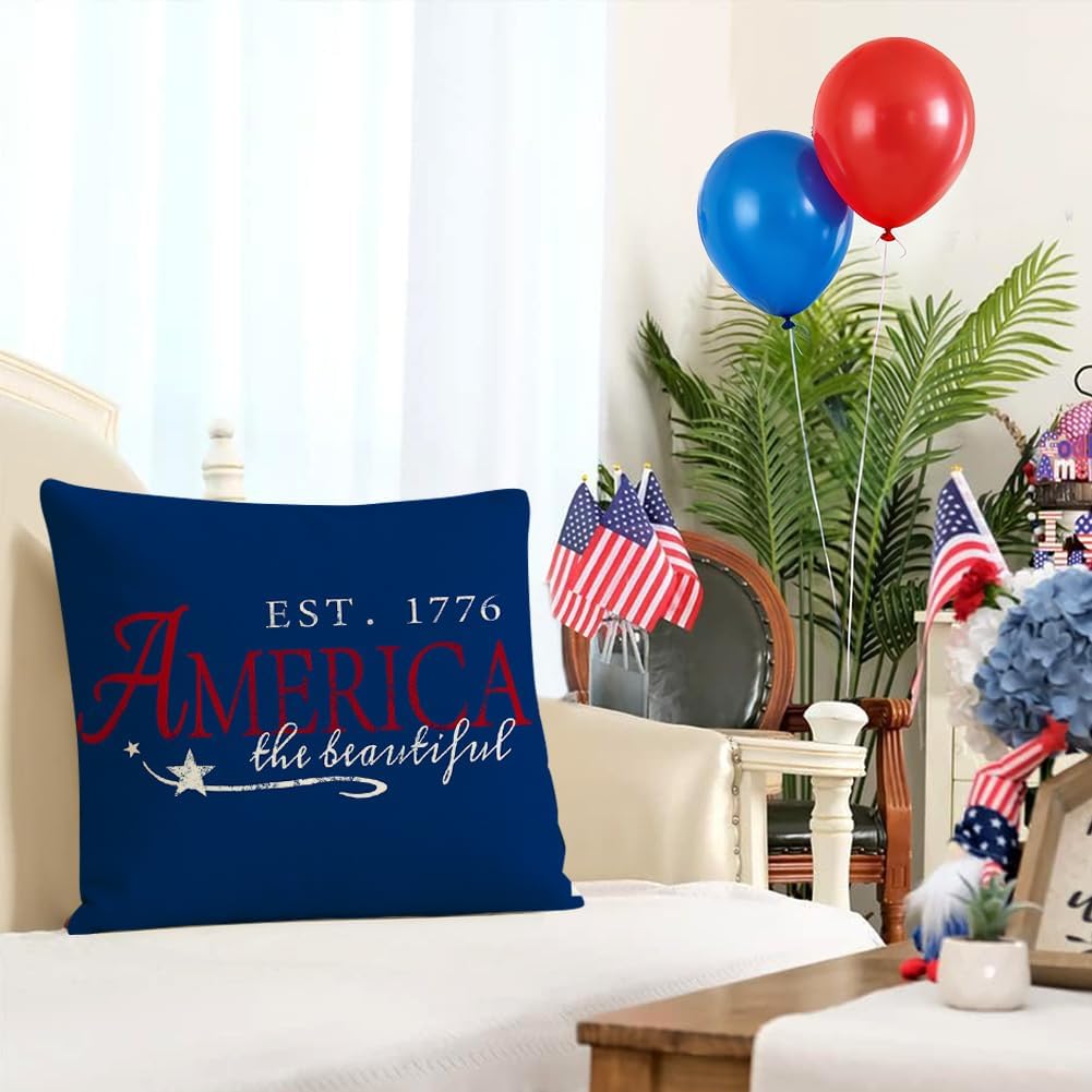 Rabusofa 4th of July Throw Pillow Covers 18x18 Inch, Patriotic Signs Red White and Blue Memorial Day Independence Day Fourth of July Outdoor…