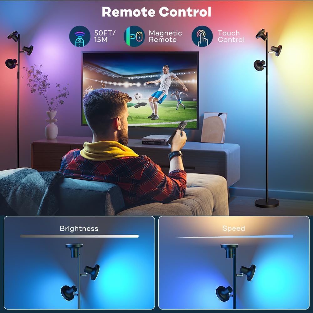 SIBRILLE RGB Floor Lamp, 36W Bright LED Standing Lamp with 3 Swivel Lights, Color Changing Tree Tall Lamp with Remote, Stepless Dimmable…