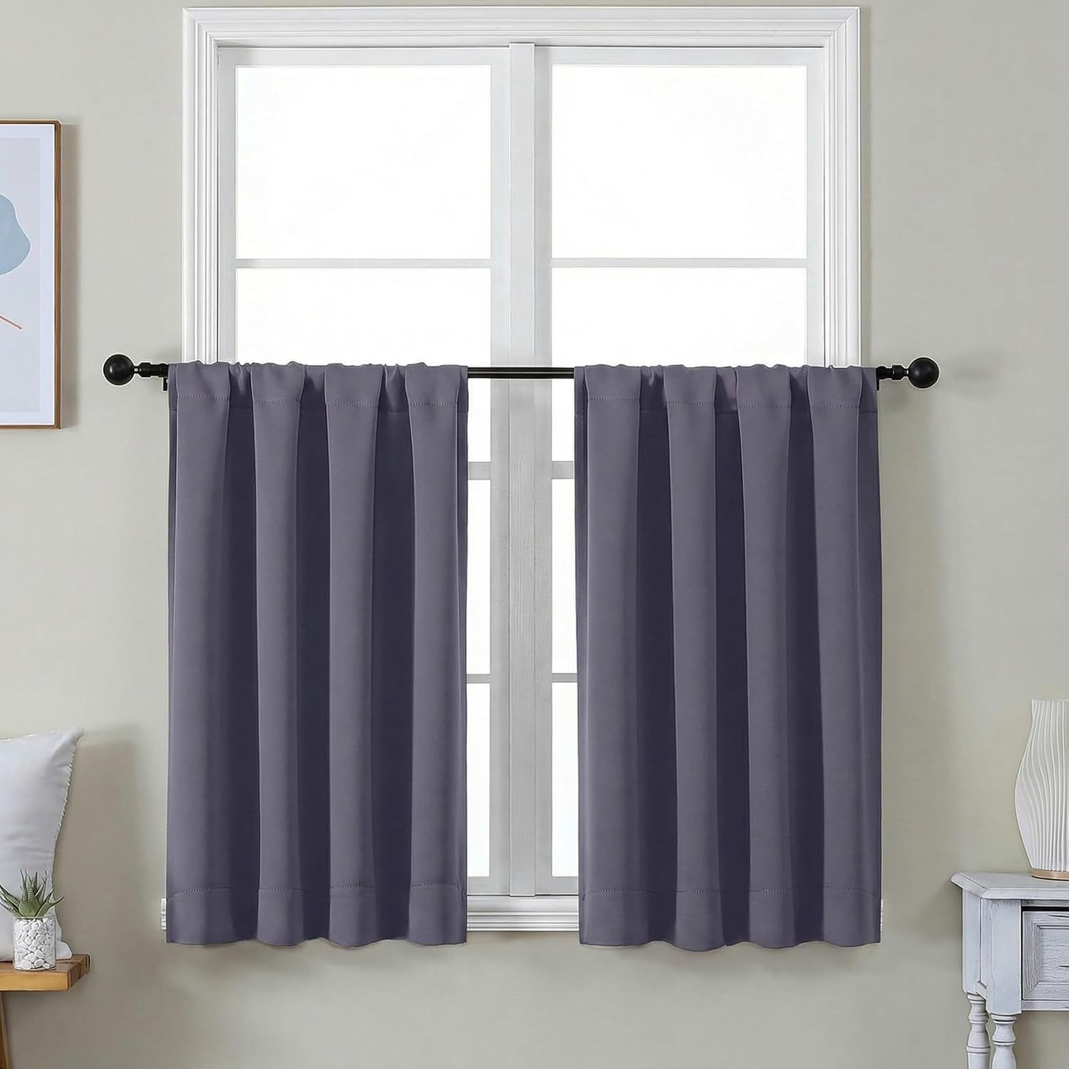 Simplebrand Ava Greyish Purple Short 36 Inches Blackout Curtain 2 Panels Set, Half Window Rod Pocket Privacy Curtain Tiers for Kitchen, Cur…