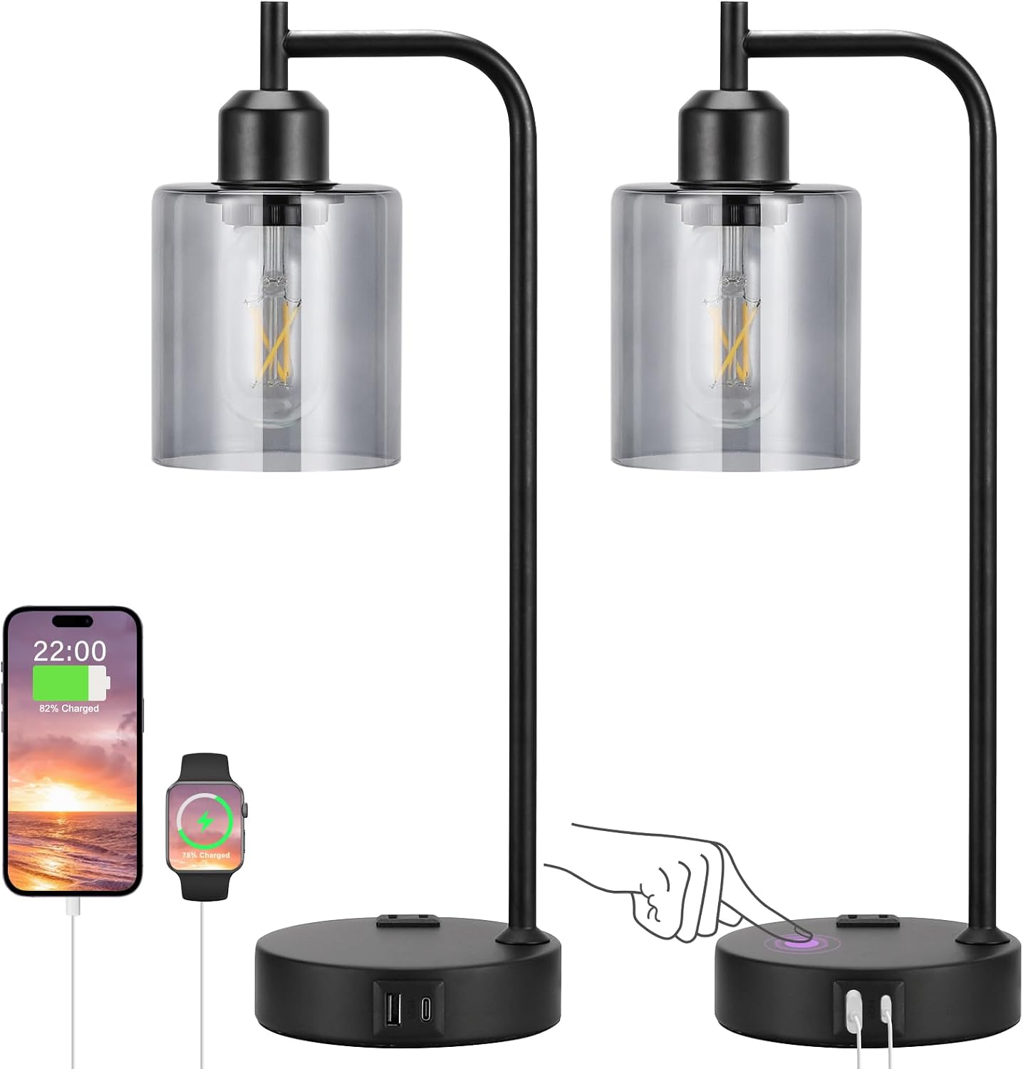 Innqoo Industrial Touch Bedroom Lamps for Bedrooms Set of 2-3-Way Dimmable Table Lamps with USB C+A Ports and Outlet, Bedside Lamps with…