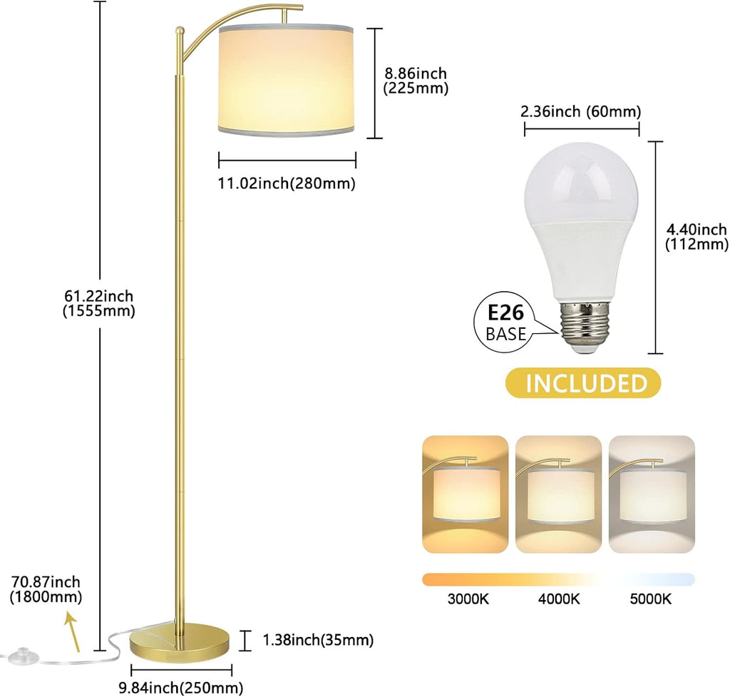 Floor Lamp for Living Room with 3 Color Temperatures LED Bulb, Standing Lamp Tall Industrial Floor Lamp Reading for Bedroom, Office (9W…