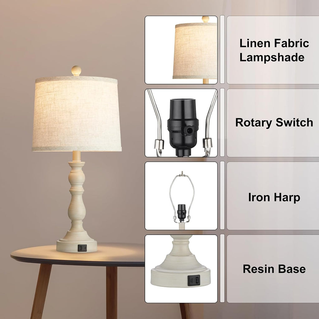 Farmhouse Side Table Lamps for Living Room Set of 2 with USB C+A Ports, Bedside Lamp for Bedroom, Dining Room Decor, Office, End Table…