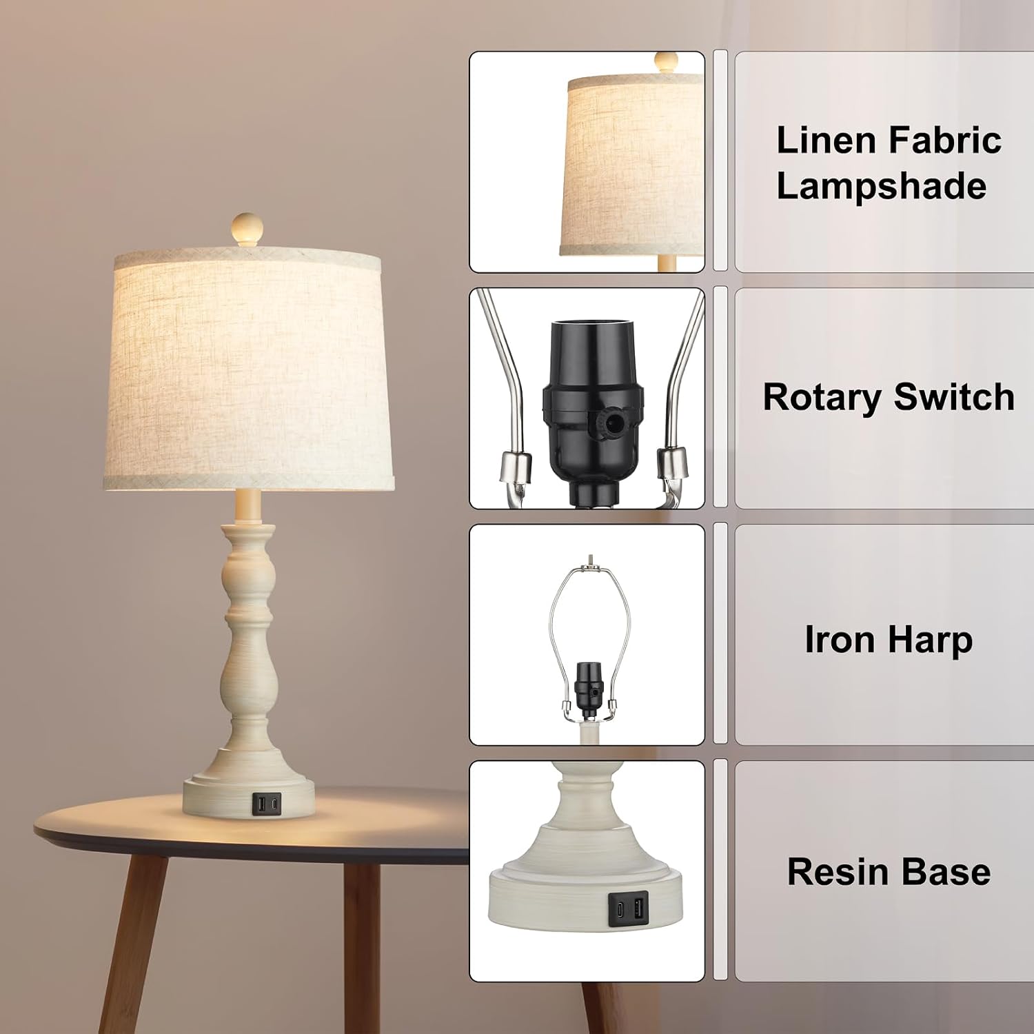 Farmhouse Side Table Lamps for Living Room Set of 2 with USB C+A Ports, Bedside Lamp for Bedroom, Dining Room Decor, Office, End Table…