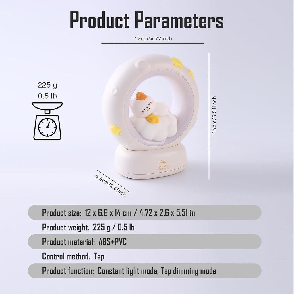 Moon and Cat Rechargeable Night Light, Safe PVC and ABS Material, 3 Brightness Levels, Tap Control, Warm Light, Toddler Sleeping Lamp…