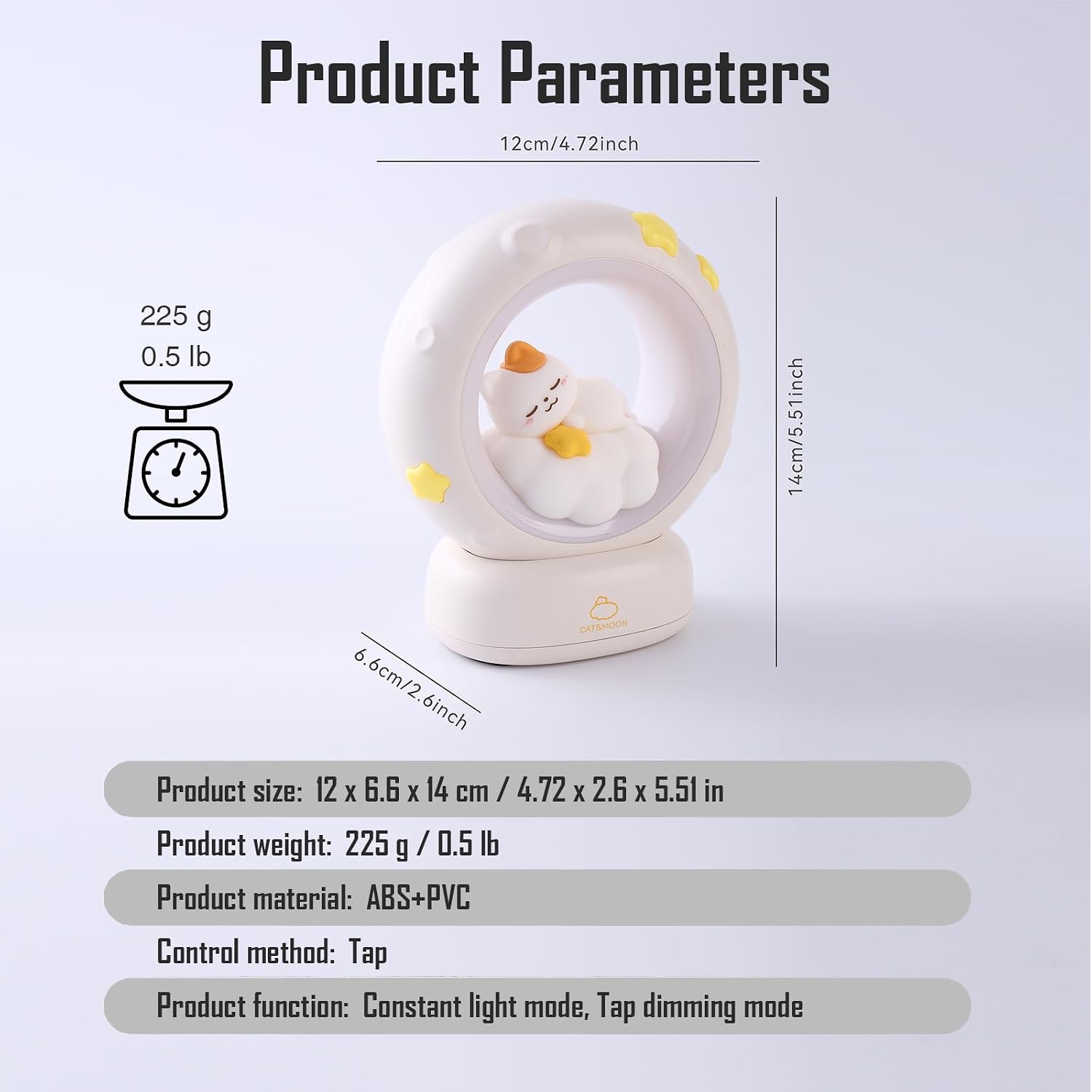 Moon and Cat Rechargeable Night Light, Safe PVC and ABS Material, 3 Brightness Levels, Tap Control, Warm Light, Toddler Sleeping Lamp…