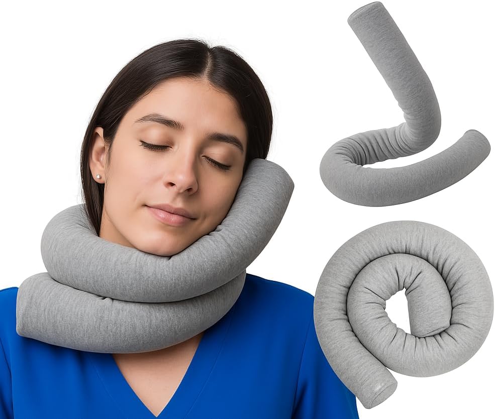 Dot&Dot Twist Memory Foam Travel Pillow for Neck, Chin, Lumbar and Leg Support - Cotton Cover Snap Closure Grey Cotton Grey
