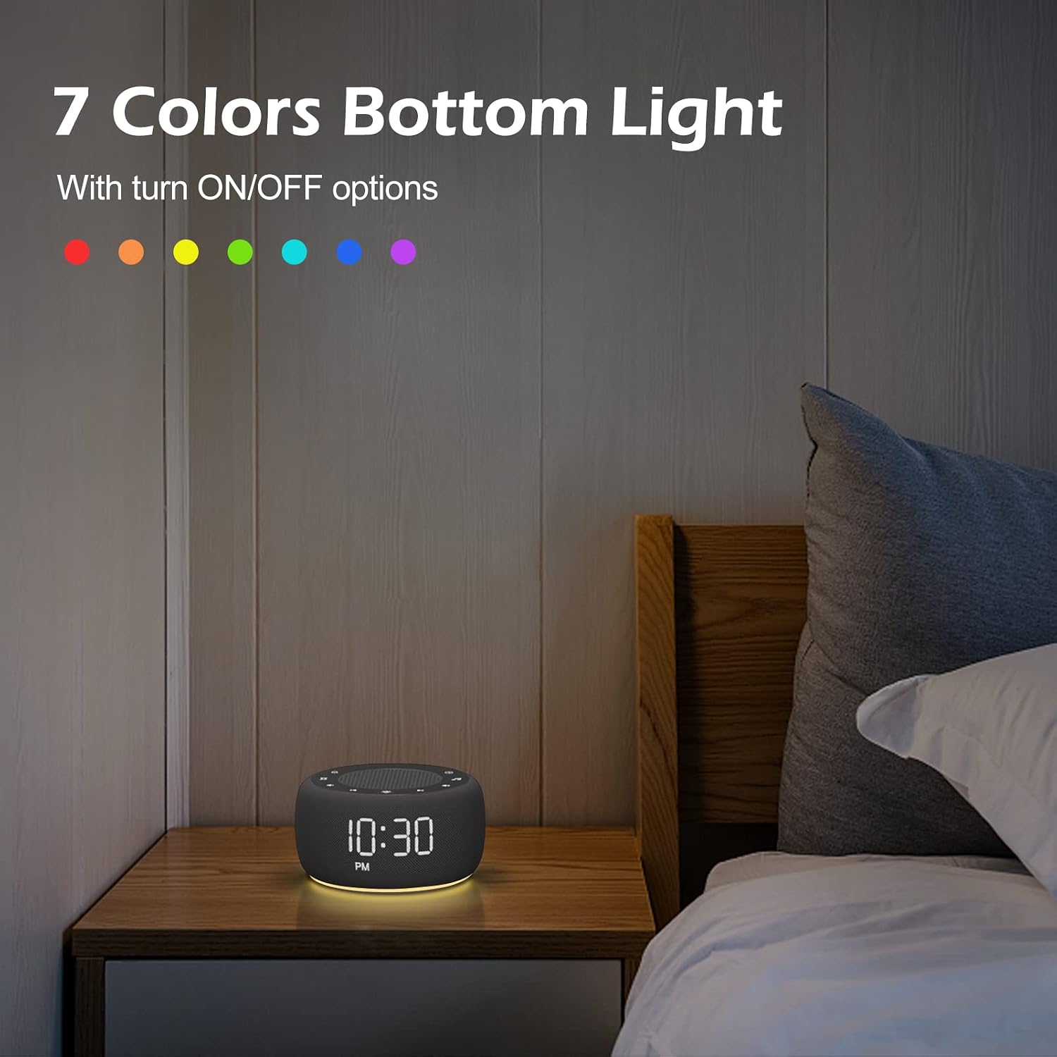 Buffbee Sound Machine & Alarm Clock 2-in-1, 0-100% Clock Face Brightness, Bottom Colored Light, Sleep Timer, Precise 30-Level Volume…